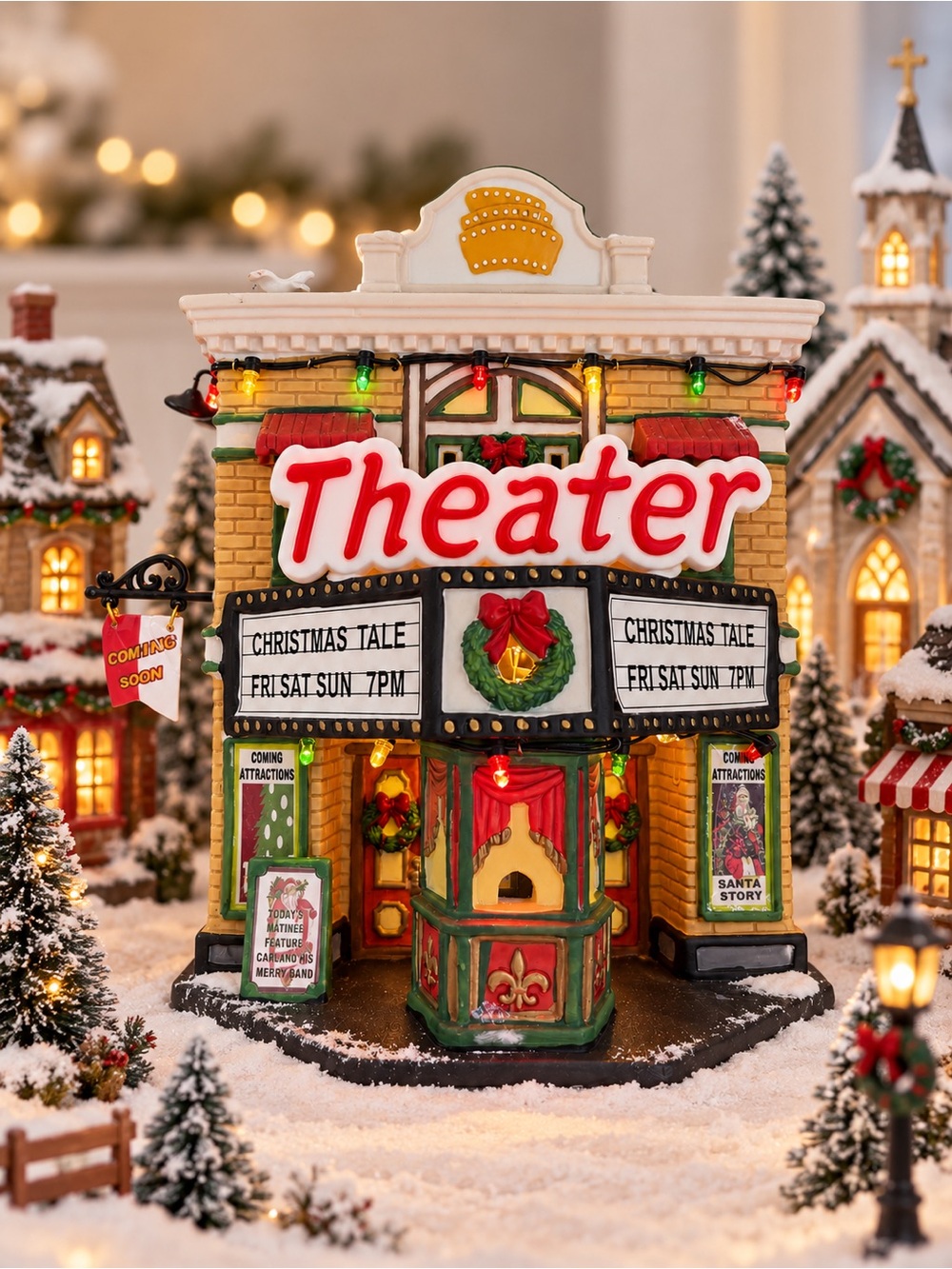 Christmas Village Theater Building with Multicolor Lights